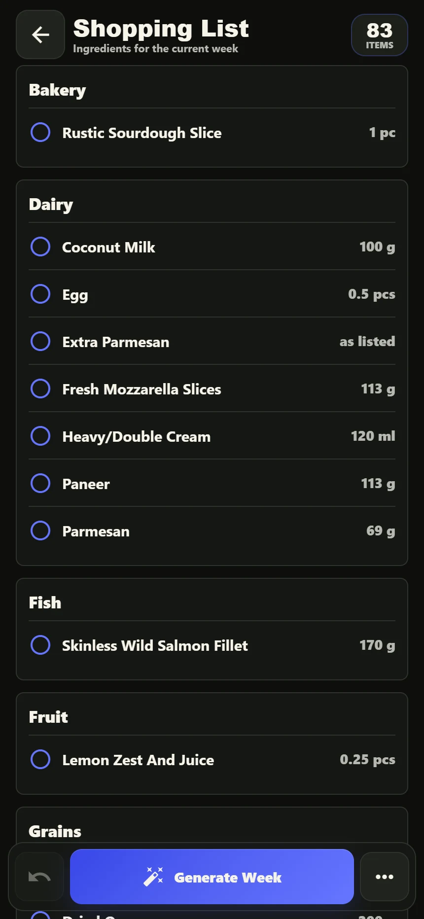 DinnerDeck shopping list with grouped ingredients and checkboxes