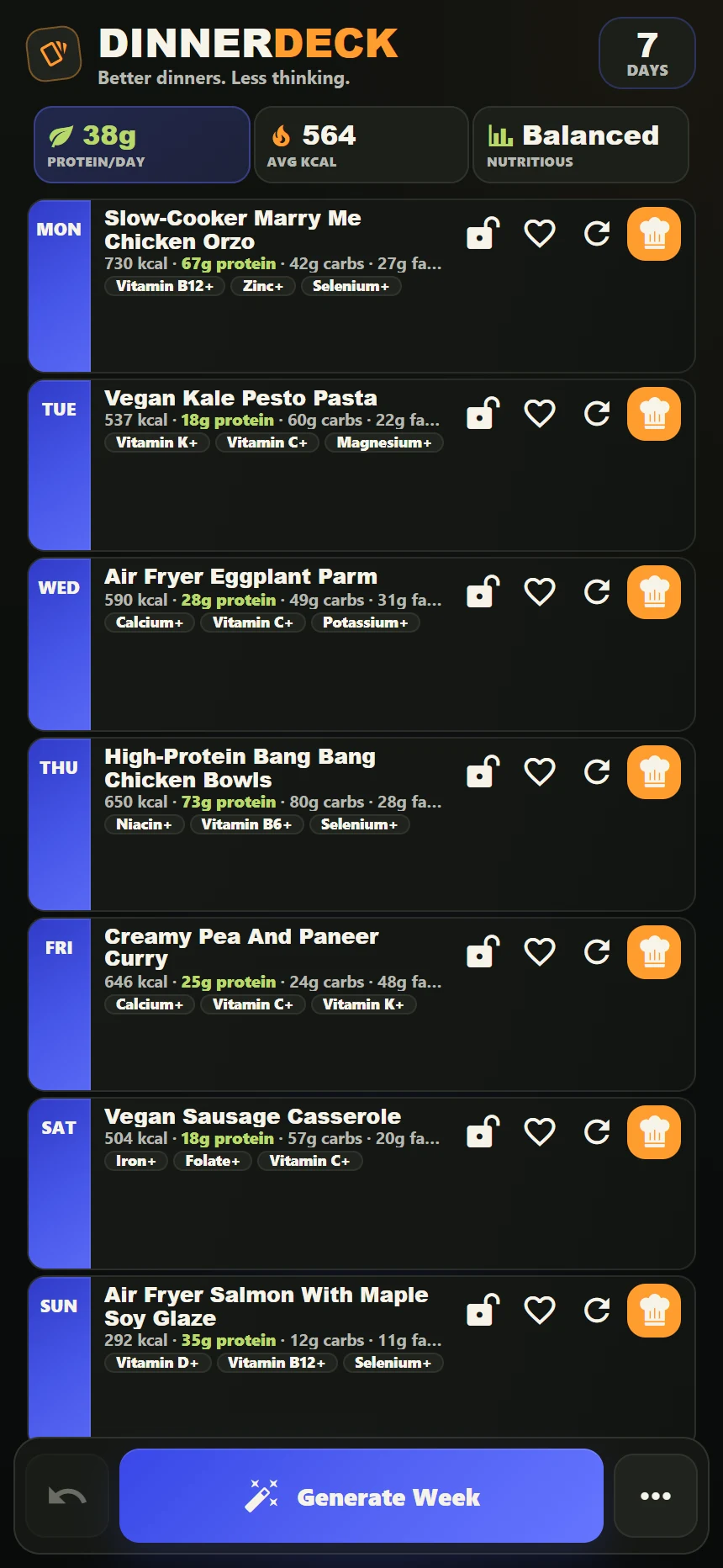 DinnerDeck app showing a seven-day dinner plan