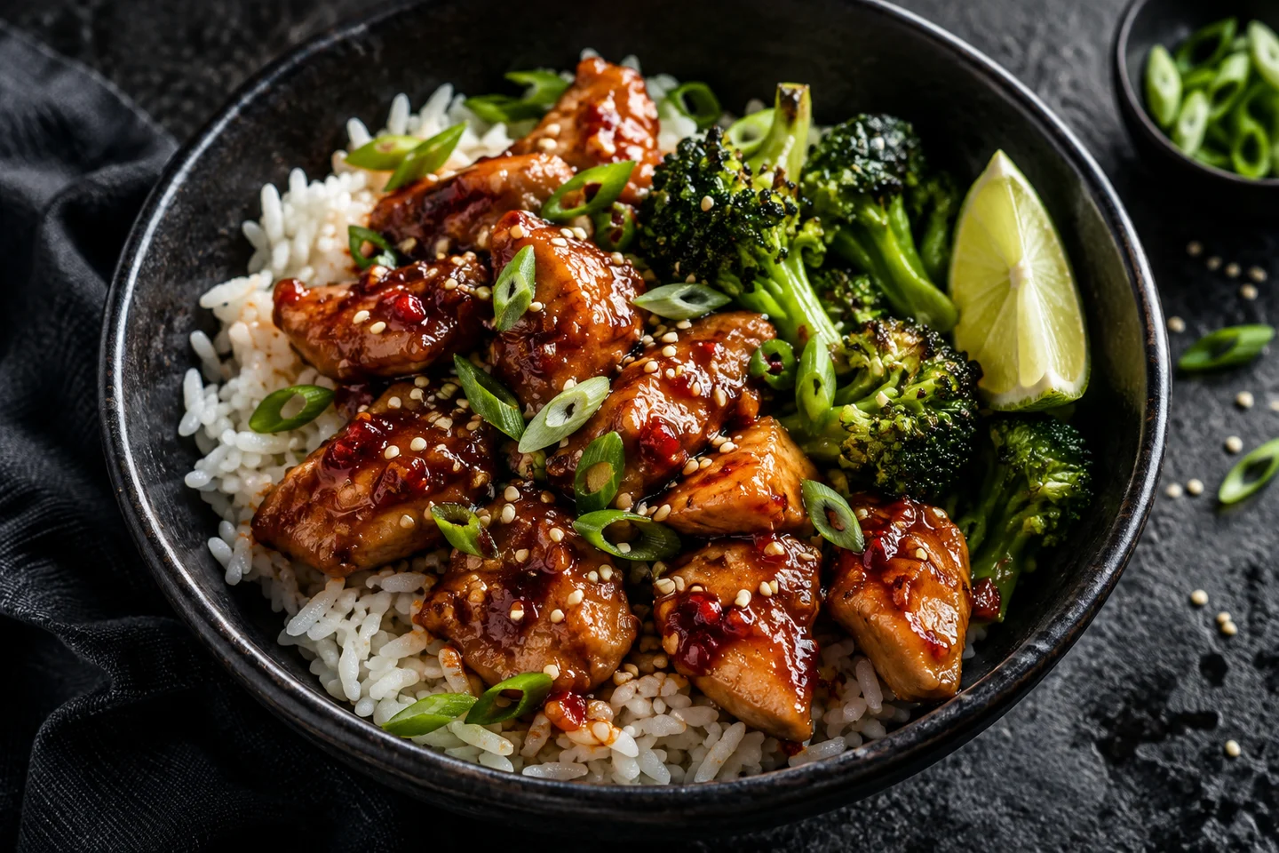 Glazed chicken, rice and broccoli with sesame and fresh lime