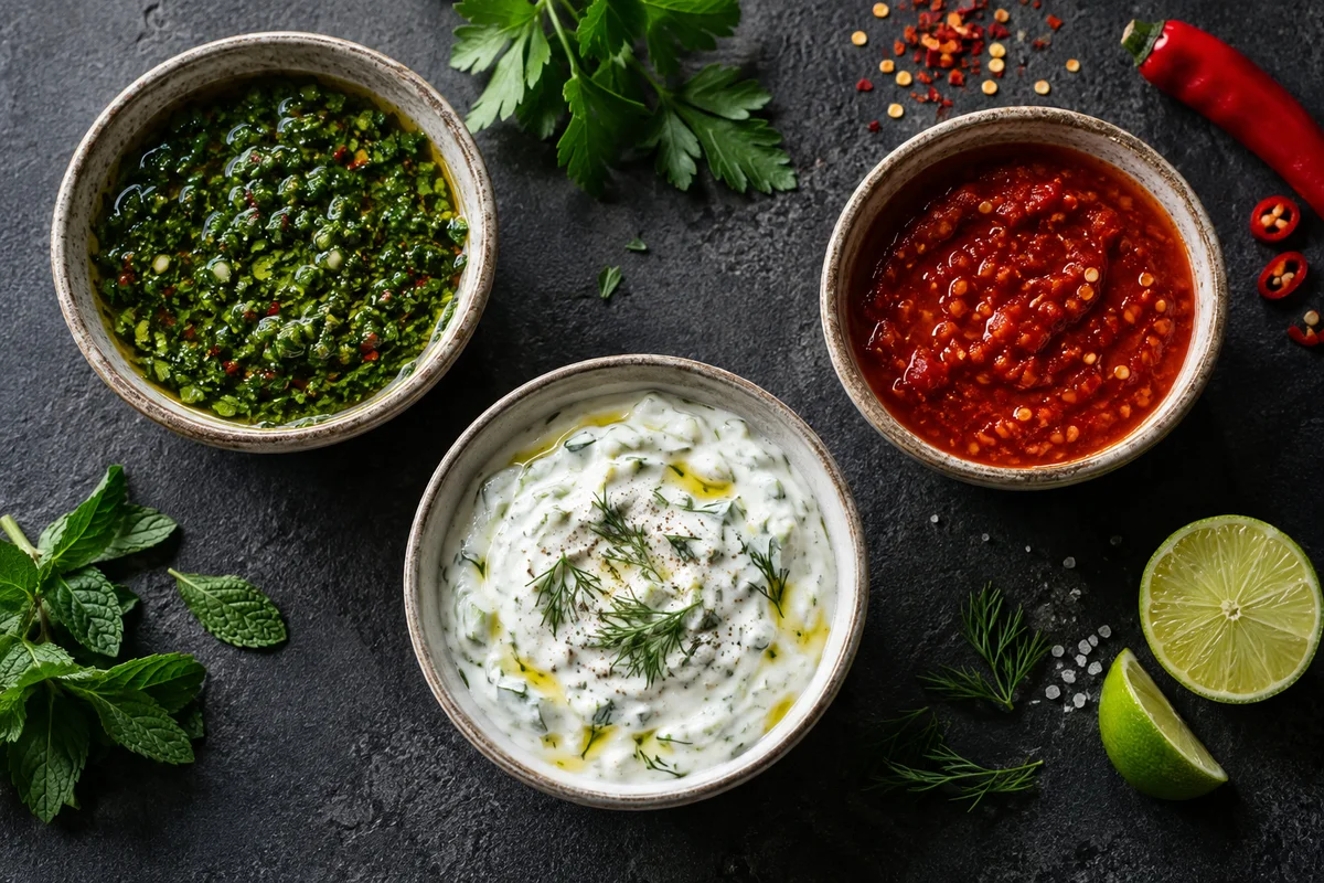 Bowls of green chimichurri, creamy tzatziki and red chilli sauce